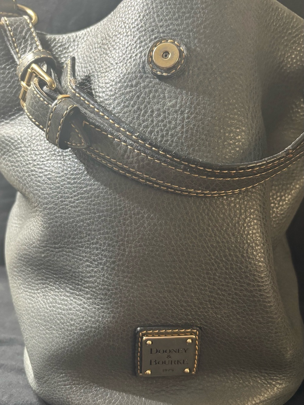 Dooney & Bourke Grey Pebble Leather Drawstring Shoulder Bag with Gold Hardware